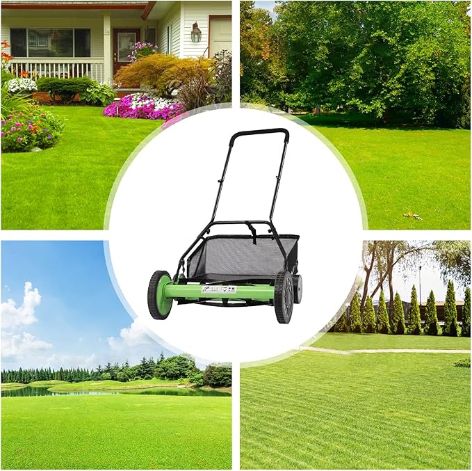 20in Manual Lawn Mower, 5-Blade Push Reel Lawn Mower Adjustable Cutting Height with Removable Grass Catcher, 4-Wheels