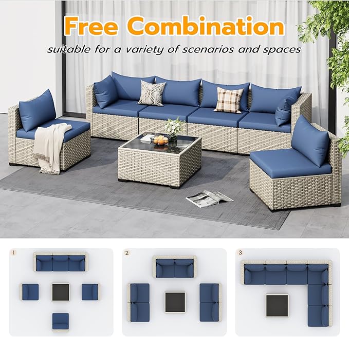 UDPATIO Outdoor Patio Furniture Set, 7-Piece Modular Sectional Sofa with Tea Table, PE Wicker Outdoor Conversation Set for Patio, Garden, Backyard Blue