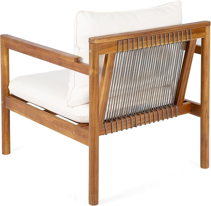 Christopher Knight Home Vorms 5-Piece Acacia Wood Patio Furniture Set with Rope Backrest, Patio Conversation Chat Set for Backyard Balcony, Outdoor 7-Seater Seating Group with Coffee Table, Teak+Cream