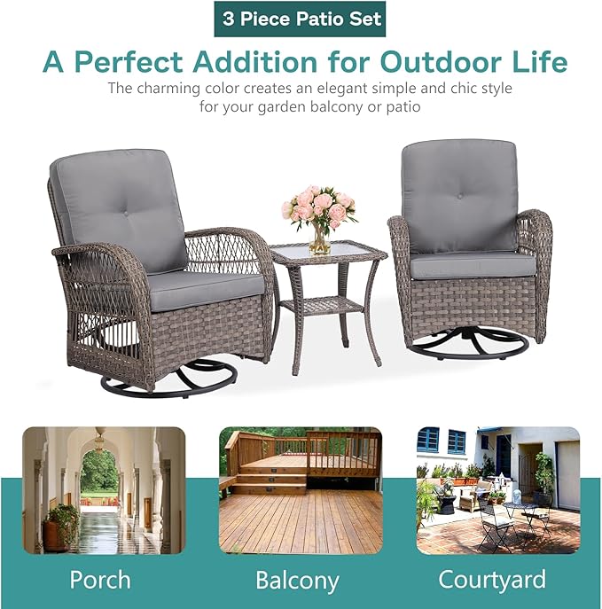 MEETWARM 3 Pieces Outdoor Wicker Swivel Rocker Patio Set, Rocking Chairs Rattan Patio Furniture Sets with Thickened Cushion and Glass-Top Coffee Table, Conversation Bistro Set for Porch (Gray)