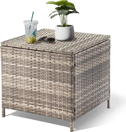 Wicker Rattan Side Table, Outdoor Wicker Storage Side Table, Patio Grey PE Rattan End Table with Storage, Square Container for Furniture Covers, and Gardening Tools,Grey