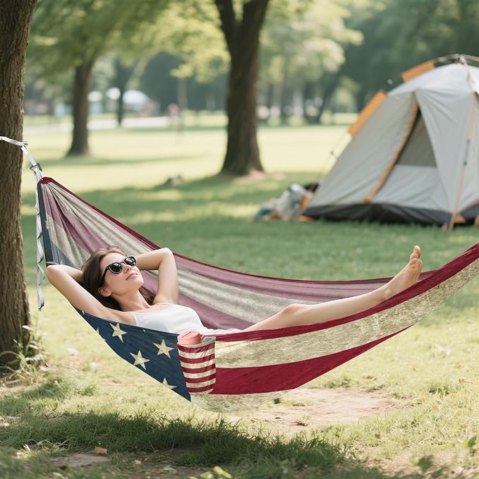 American Flag Camping Hammock, Portable Lightweight Single Hammock with Tree Straps and Aluminum Carabiners, 114" x 54" Travel Hammock for Hiking Backpacking Beach