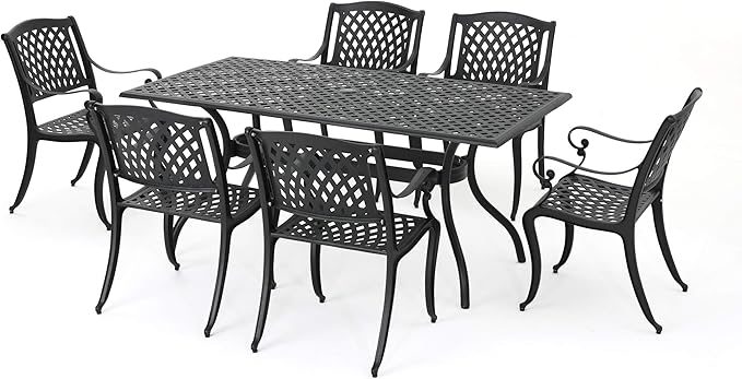 Christopher Knight Home Cayman Outdoor 6-Seater Cast Aluminum Dining Set, 7-Pcs Set, Black Sand