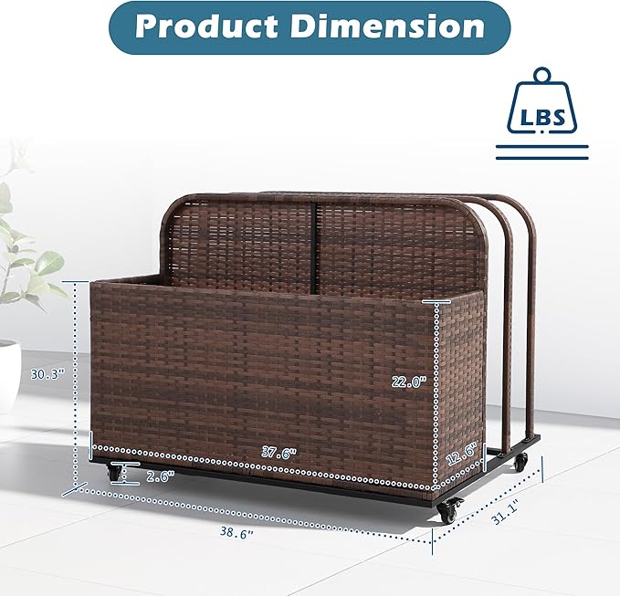 Outdoor Pool Float Storage Basket, PE Rattan Rolling Toy Caddy with Wheels, Patio Furniture Organizer Wicker Box Pool Storage Cart for Floaties, Noodles, Life Vests, Beach Balls