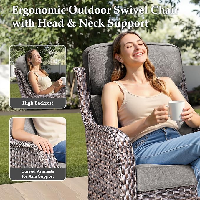 Luxury 10 Pieces Patio Furniture Set, Wicker Swivel Rocker Patio Chairs with 6" Thick Cushion, Outdoor Wicker Sofa with Coffee Table, All Weather Outdoor Conversation for Garden Porch(Brown/Grey)