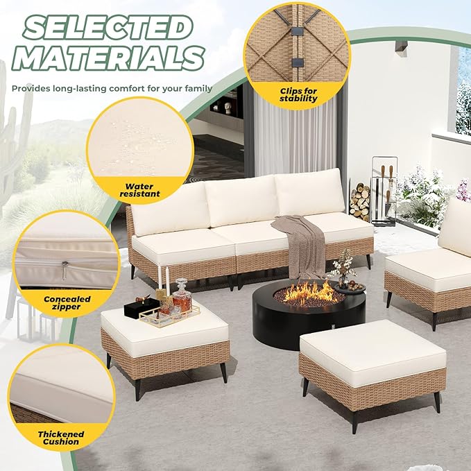 LVUYOYO 6 Pieces Outdoor Patio Furniture Set, Wicker Sectional Sofa Couch, Rattan Conversation Sets with Cushions for Deck, Backyard, Porch (Khaki)