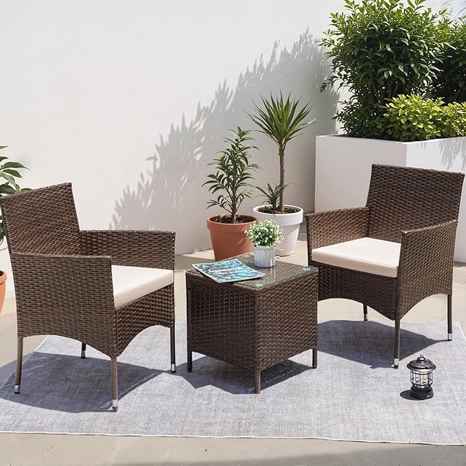 Greesum 3 Pieces Patio Dining PE Rattan Wicker Chair Furniture Set with Cushion and Glass Coffee Table for Outdoor Garden Backyard Poolside, Brown and Beige