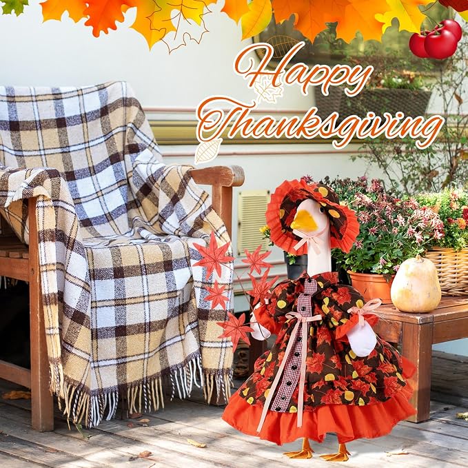 FuWeave Fall Porch Goose Outfit Maple Goose Costume Fancy Porch Geese Clothes with Wide Hat for 23" 17" Outdoor Patio