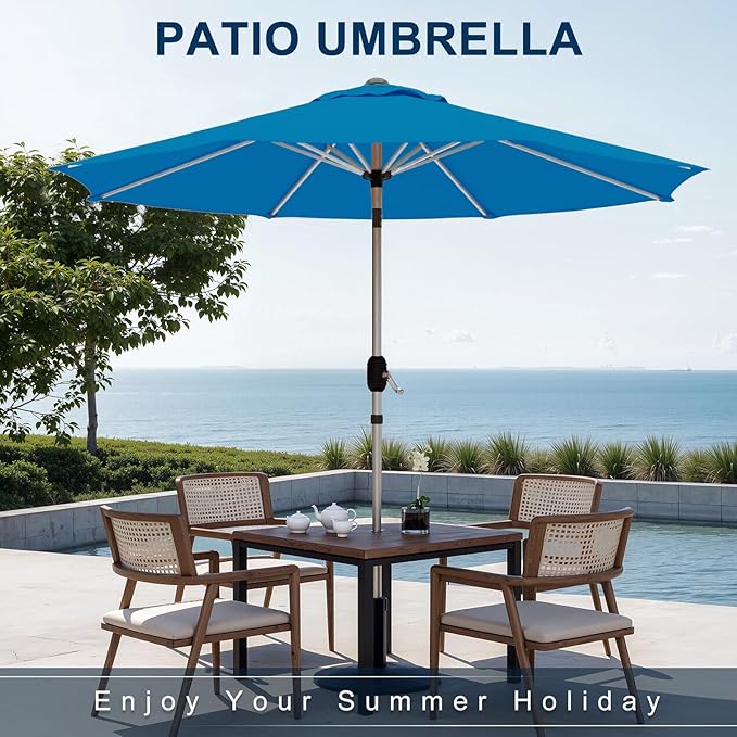 10FT Aluminum Outdoor Patio Umbrella, Fade-Resistant Market Umbrella with Push Button Tilt Function, 8 Sturdy All-Aluminum Ribs for Gardens, Patios, Backyards & Pools