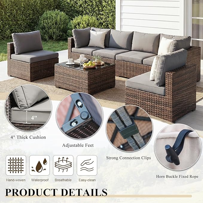 Patio Furniture Set 9 Piece All Weather PE Rattan Outdoor Sectional Sofa Couch with 8 x armless Sofa, No-Slip Cushions and Glass Top Table for Garden, Poolside, Backyard (Gray)