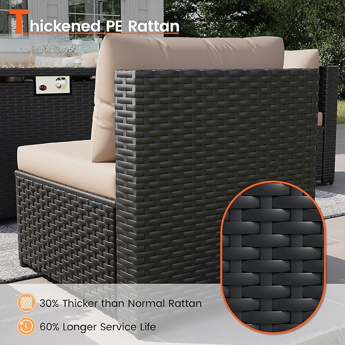 8 Piece Patio Furniture Set with 43" Fire Pit Table, Outdoor Sectional Wicker Rattan Sofa Set with Coffee Table (Beige/Black)