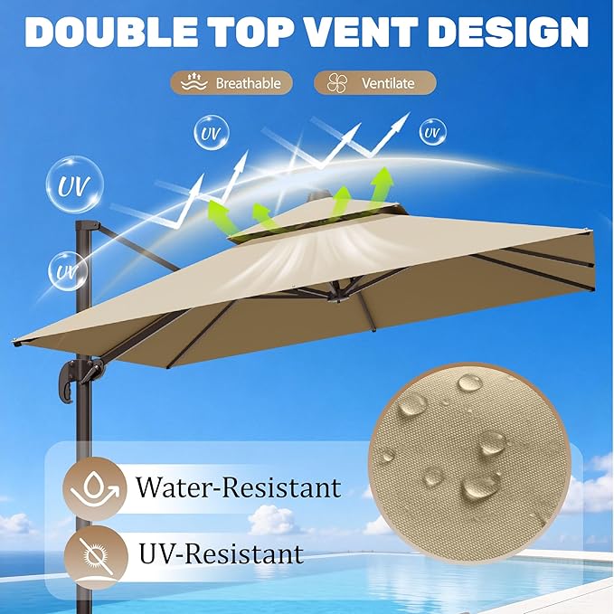 10x10Ft Patio Umbrella Outdoor Cantilever Rectangle Umbrella, 6-Level Tilt & 360° Rotation Offset Umbrella for Garden, Deck, Pool(Beige)