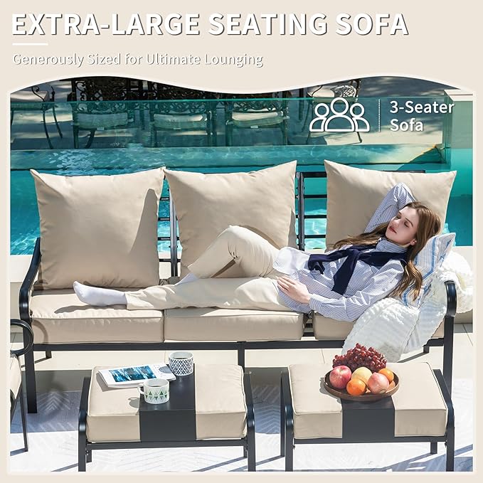 5 Piece Patio Furniture Set, Metal Patio Conversation Set with 1x3 Seater Sofa & 2xSwivel Chairs & 2xOttomans, 5.75'' Extra Thick Cushion for Lawn Garden Backyard, Beige