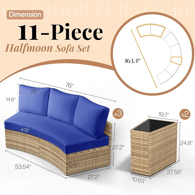 Jocisland 11-Piece All-Weather Wicker Conversation Set with Storage Table, Half-Moon Outdoor Sectional Sofa with Removable Cushions, Rattan Patio Furniture Set for Backyard, Garden & Deck, Blue