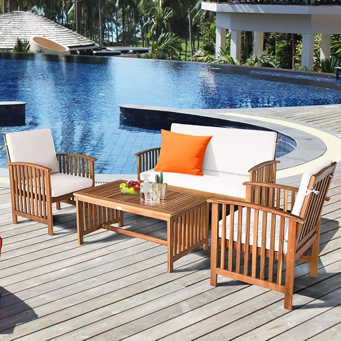 Tangkula Outdoor 4 Pcs Acacia Wood Sofa Set w/Water Resistant Cushions, Padded Patio Seating Chat Set w/Coffee Table for Garden, Backyard, Poolside (1, White)