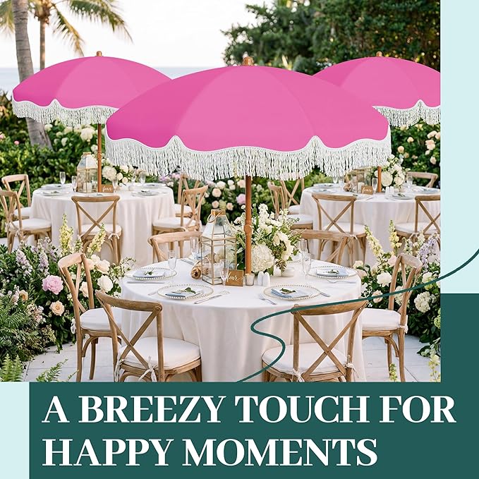 AreShark 7ft Patio Umbrella with Fringe, UPF50+ Beach Umbrella for Table, Pool & Garden, Portable Outdoor Tassels Umbrella w/Fiberglass Ribs&Push Bottom Tilt(Light Pink)