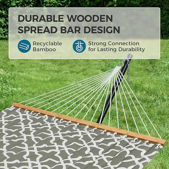 SUPERJARE Hammock with Stand, 2 Person Quilted Outdoor Hammock, Detachable Pillow & Bamboo Spreaders, Portable with Carrying Bag, Heavy Duty Stand, Perfect for Outside, Patio, Grey with White Flower