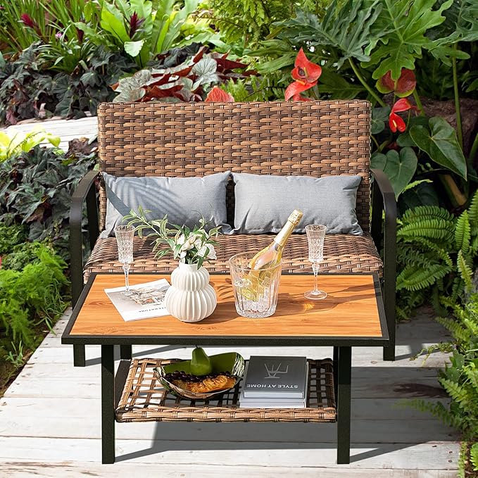 Tangkula 2 Pieces Patio Wicker Furniture Set with 4D Air Fiber Quick Dry Cushion, Outdoor Loveseat and Coffee Table Set with DPC Tabletop and Lumbar Pillows, Patio Conversation Set
