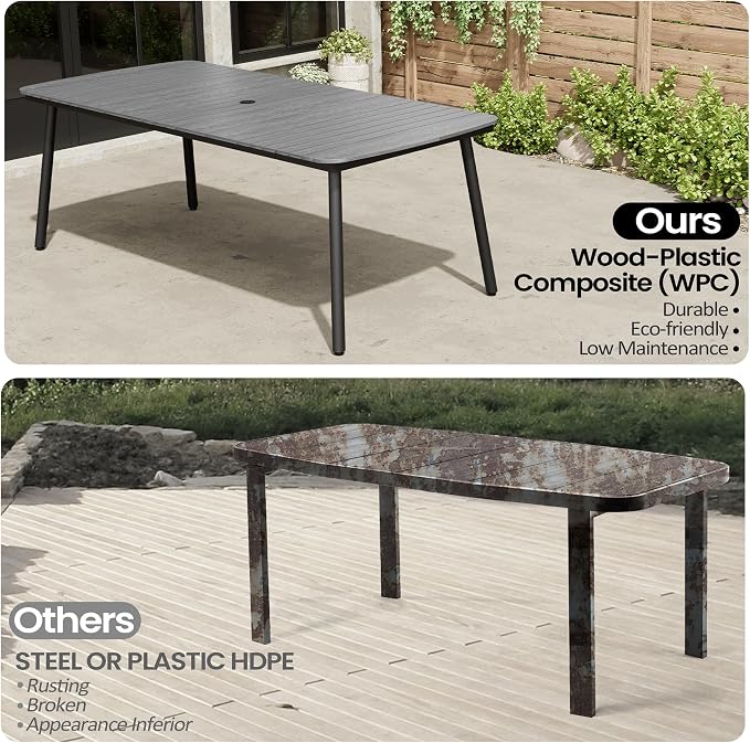 Outdoor Dining Table for 8, 82" Patio Table | Grey Rectangle Table with Aluminum Frame and Waterproof Wood Grain Tabletop for Lawn Backyard Garden Poolside