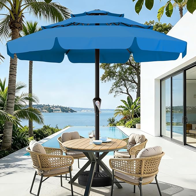 AreShark 11FT 3-Tiers Patio Umbrella with Valance, Outdoor with Crank, Large Outdoor Market Umbrellas Vented with 8 Sturdy Ribs, Patio Table Umbrellas for Garden, Deck, Backyard, Pool, Royal Blue