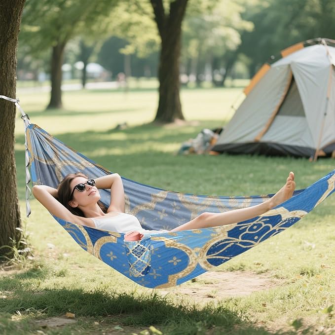 Blue and Gold Japanese Vintage Flowers 330lb Capacity Outdoor Hammock with Hanging Rope Rope Hammock for Indoor Outdoor Patio para ir de Camping
