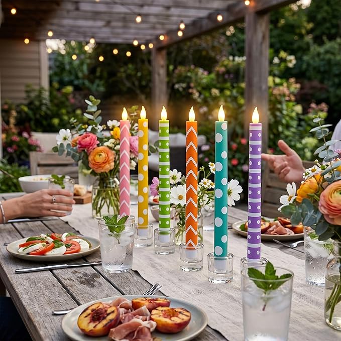 Honoson 6 Pcs Mother's Day Flameless Taper Candles 10.6 Inch Colorful Geometric Candles Battery Operated LED Candlesticks for Summer Dinner Table Home Party Decor