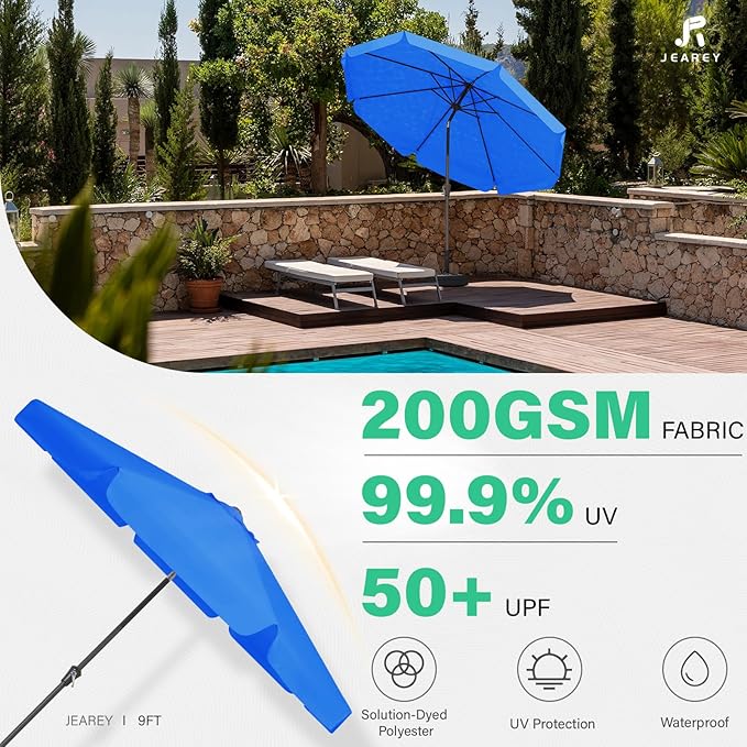 JEAREY 9 FT Patio Umbrella Outdoor, Table Umbrellas Market Umbrella w/Push Button Tilt/Crank, 8 Sturdy Ribs(Royal Blue)