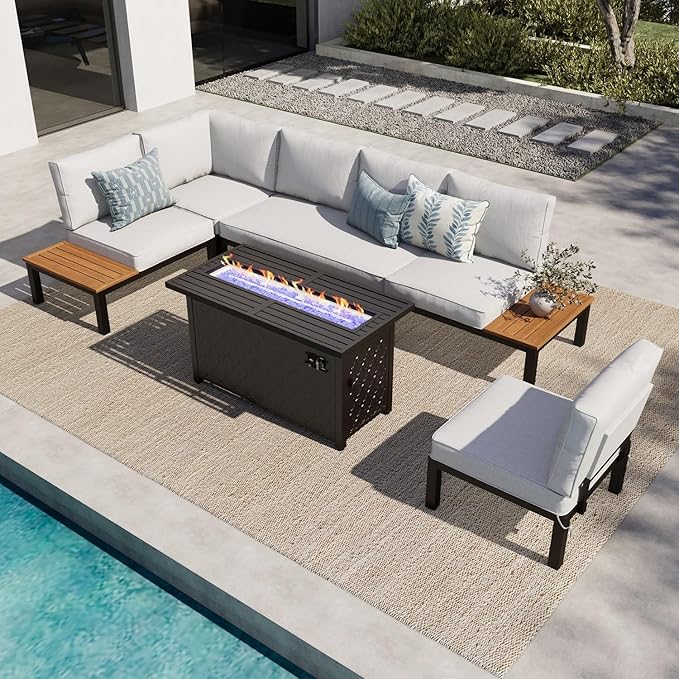 MFSTUDIO 6 Pieces Outdoor Sectional with Fire Pit Table, Metal L-Shaped Outdoor Patio Furniture Set with Cushion, Modular Patio Conversation Set, Modern Backyard Furniture for Deck,Garden