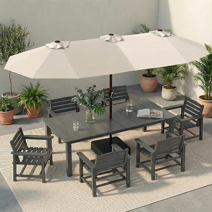 HDPE Outdoor Dining Set for 6, 7-Piece Outdoor Dining Table Set with 15FT Patio Umbrella, Patio Table and Chairs Set with Aluminum Frame & Legs (Gray)
