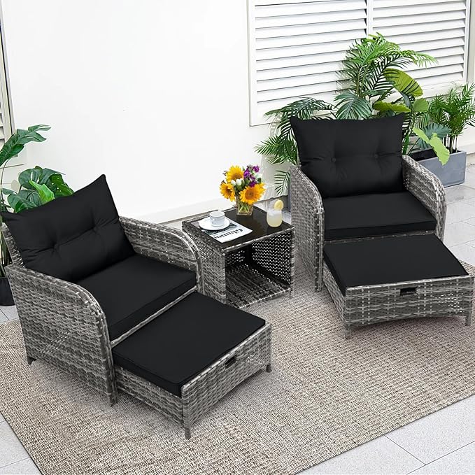 5 Pieces Wicker Outdoor Patio Chairs with Ottoman, PE Wicker Rattan Patio Conversation Furniture Set with Underneath Footrest, Wicker Outdoor Patio Chairs and Ottoman Set with Table, Black