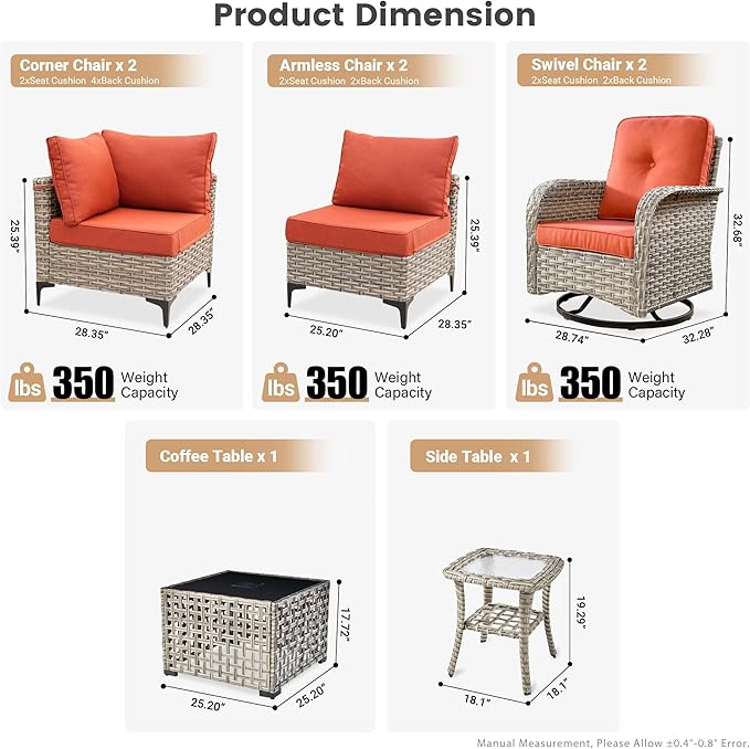 Outdoor Patio Furniture Sets, 8 PCS Patio Conversation Set Outside Rattan Sectional Sofa with Wicker Rocking Chairs Coffee Table Soft Cushion Fit Backyard Porch Garden Poolside Balcony