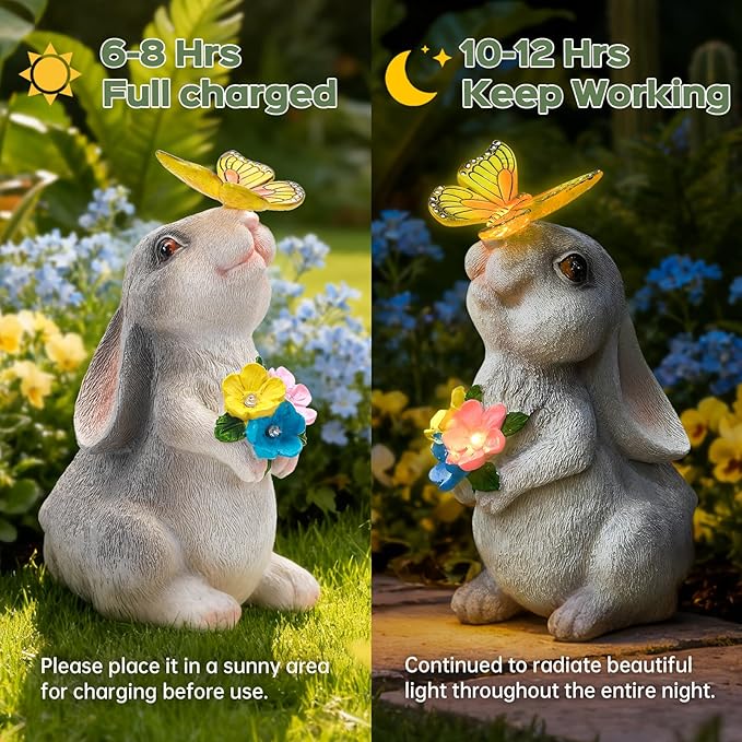 Solar Garden Statue Outdoor Decor, Rabbit Figurine with Butterfly LED Lights, Bunny Statue for Garden, Yard Decor, Lawn Ornament, Valentine's Day Birthday Gift for Women Mom Grandma