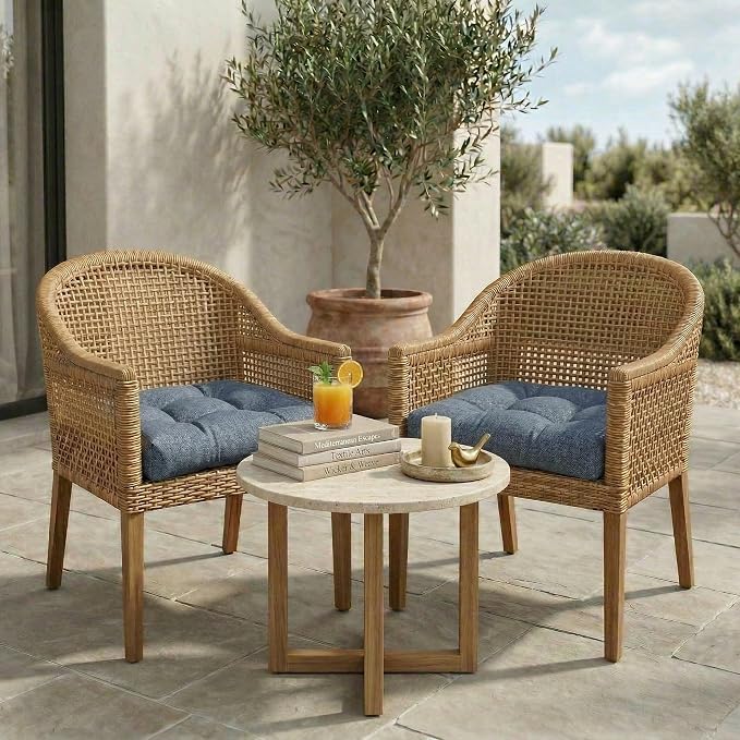 RSH DECOR: Sunbrella Tufted Wicker U-Shape Cushions Set of 2 | 22” x 22” | Outdoor Seat Cushions for Patio Furniture| Water & Fade Resistant Fabric | Made in USA (Sparkle Navy Denim)