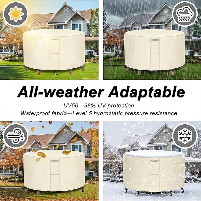 UPGRADE Outdoor Furniture Covers, Custom Size 84"(D) x 28"(H) Round Patio Table and Chair Waterproof Covers, Heavy Duty 420D,Cream
