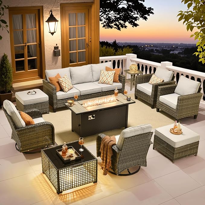 ovios 10 Pieces Patio Furniture Set, Outdoor Wicker Sofa Couch with Rocking Swivel Chairs Solar Light Table Fire Pit, Modern Deep Seat Rattan Conversation Sets, Grey
