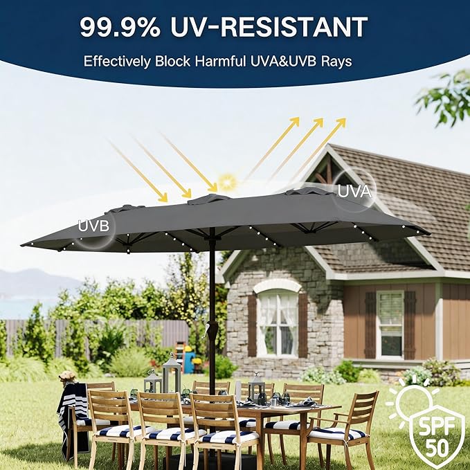 15ft Large Patio Umbrella with Solar Lights and Base, Double-Sided Outdoor Rectangle Umbrella with 48 LED Lights, Market Table Umbrellas with UV Resistant Canopy, Gray