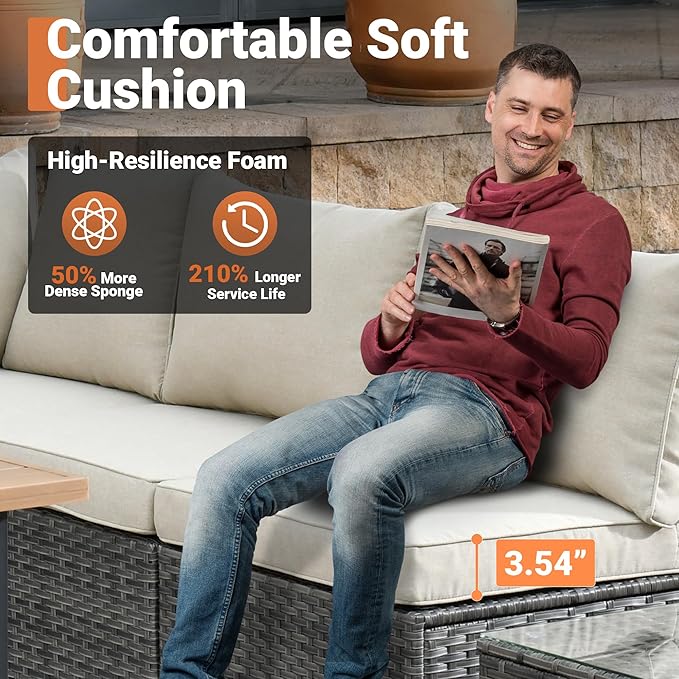 ovios Outdoor 10 Piece Coversation Set with Swivel Rocking Chair,Sectional Patio Furniture Set with All-Weather Wicker Sofa,Modern Outside Couch for Balcony Backyard Pool, Beige