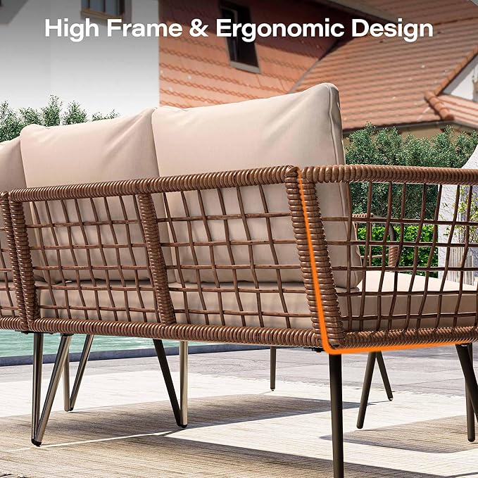 LAUSAINT HOME 6 Pieces L-Shaped Outdoor Furniture Set, Wicker Rattan Patio Sectional, Conversation Sofa Set with Coffee Table and Soft Cushions for Poolside, Patio, Yard, Beige