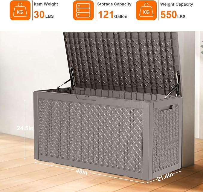 121 Gallon Outdoor Storage Box - Deck Box Waterproof Patio Furniture, Garden Tools, Cushions, Pool Accessories Outside Storage Resin Box, Grey