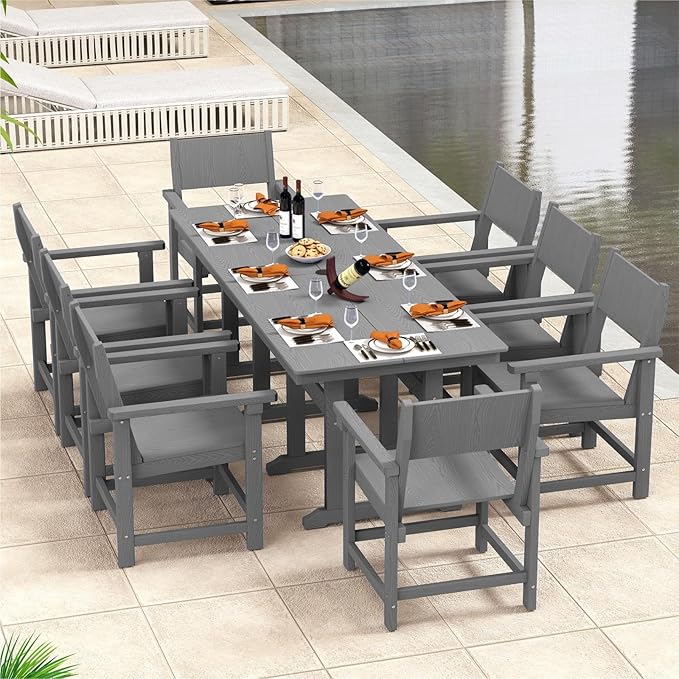 9-Piece Outdoor Dining Set, HDPE Weatherproof Patio Table and Chairs Set for 8, Outdoor Patio Furniture Sets with Umbrella Hole for Outside, Deck, Backyard, Garden (Grey)