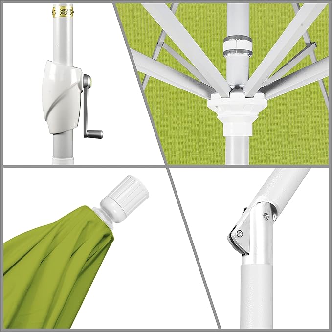 California Umbrella 9' Round Aluminum Market Umbrella, Crank Lift, Push Button Tilt, White Pole, Cilantro