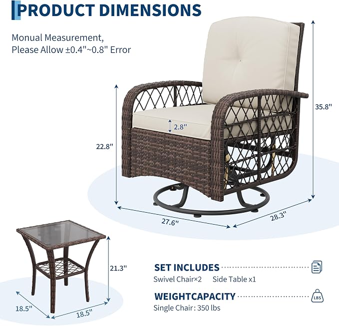 3-Piece Patio Furniture Set, 2 Swivel Rocking Chairs with 1 Rattan Side Table, Tempered Glass Tabletop, Patio Conversation Set for Deck, Porch, Garden, Poolside (Brown Wicker & Beige Cushions)