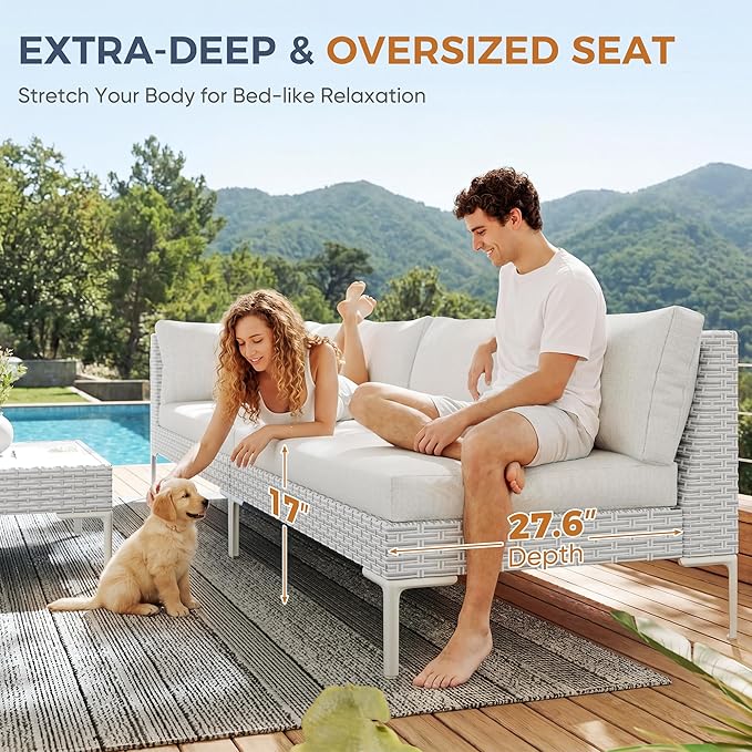 ABCASA Outdoor Patio Sectional Furniture Set w/Water-Resistant Fabric | Oversized Seat Wicker Outdoor Furniture Set w/Thick Cushion, L Shaped Patio Conversation Set for Pool Yard, Gray