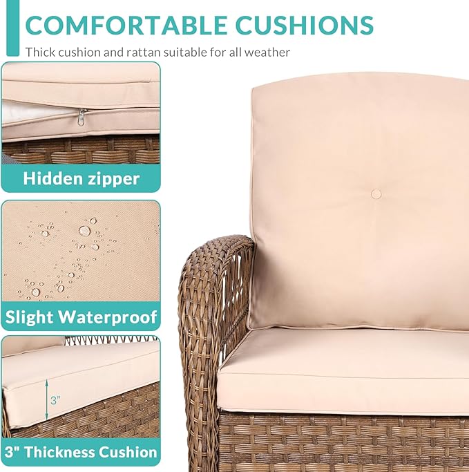 MEETWARM 3 Pieces Outdoor Wicker Swivel Rocker Patio Set, Rocking Chairs Rattan Patio Furniture Sets with Thickened Cushion and Glass-Top Coffee Table, Conversation Bistro Set for Porch (Light Brown)
