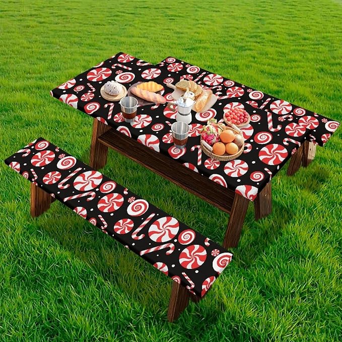 Christmas Candy Cane Picnic Table Cover with Bench Covers Camping Essentials Outdoor Table and Chairs Decorative Sets Flexible Picnic Table 3 Piece Set Suitable for BBQ Picnic Party Camping