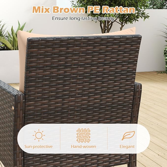 Tangkula 3 Pieces Patio PE Wicker Furniture Set, Outdoor Bistro Conversation Set with Cushions and Tempered Glass Coffee Table, Outside Rattan Table and Chairs for Porch (Beige)