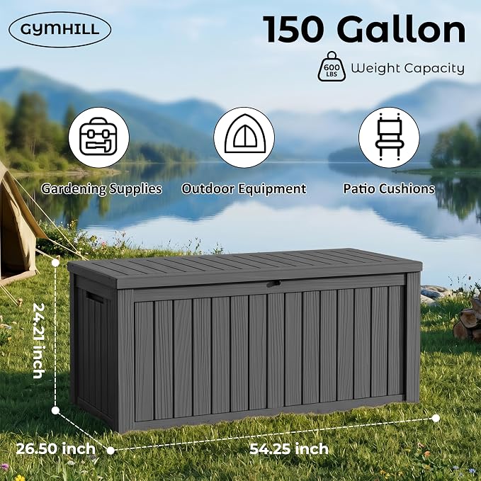 Large Outdoor Storage Box Waterproof, UV Resistant Resin Deck Box for Patio Furniture,Garden Tools,Cushions (Black, 150 Gallon)