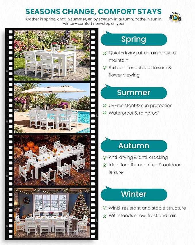 SERWALL 59" HDPE Patio Dining Set for 4, w/ 1 Table & 4 Armchairs, White | All Weather Resistant HDPE Dining Sets for Patio, Garden, Backyard