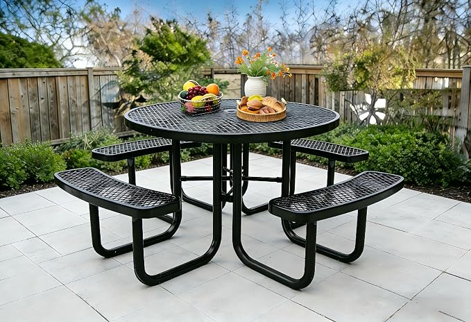 Garvee Heavy Duty Metal Picnic Tables for Outdoors with Umbrella Hole, 46" Round Top Patio Table Coated Steel Commercial Grade Furniture Set Weather & Rust Resistant (Expanded Steel, Black)
