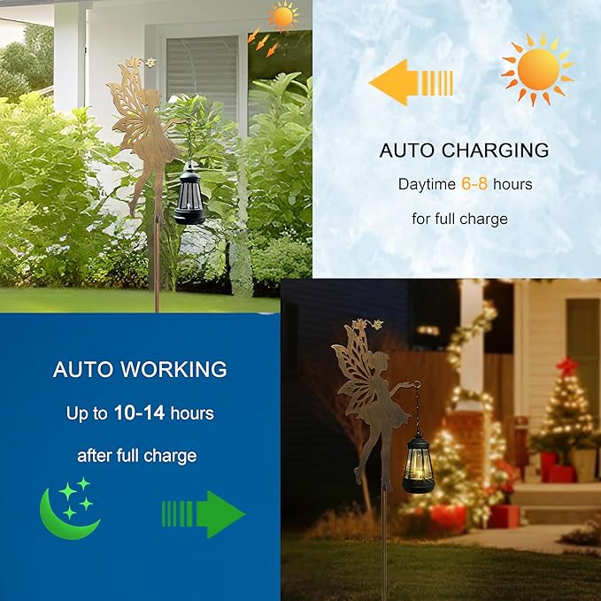 Solar Fairy Garden Decor, Outdoor Metal Fairy Statues with Stakes, Waterproof Garden Ornament for Patio, Lawn, Yard, Housewarming Gift for Gardening Mom & Grandma